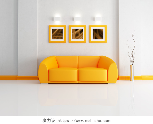 室内摆放的黄色沙发和壁画